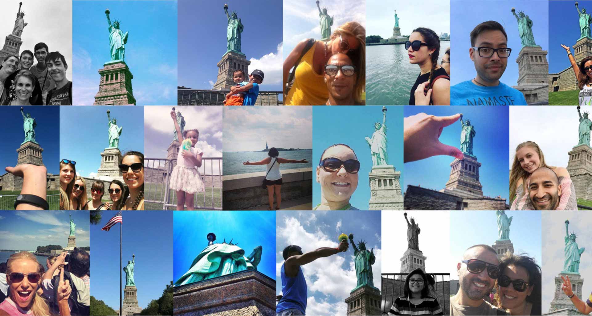 photo collage of tourists at stature of liberty