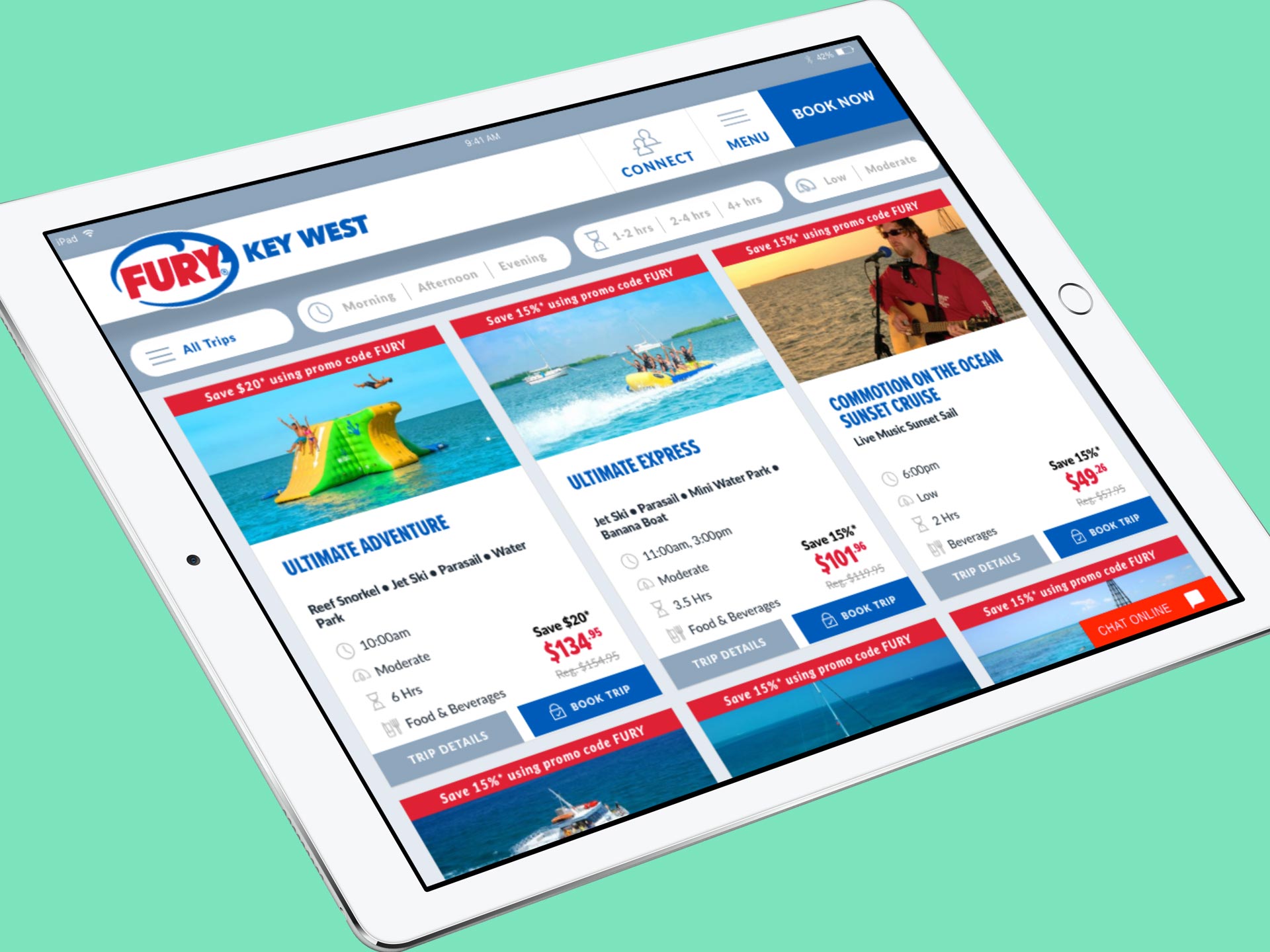 fury water adventures responsive website on tablet view