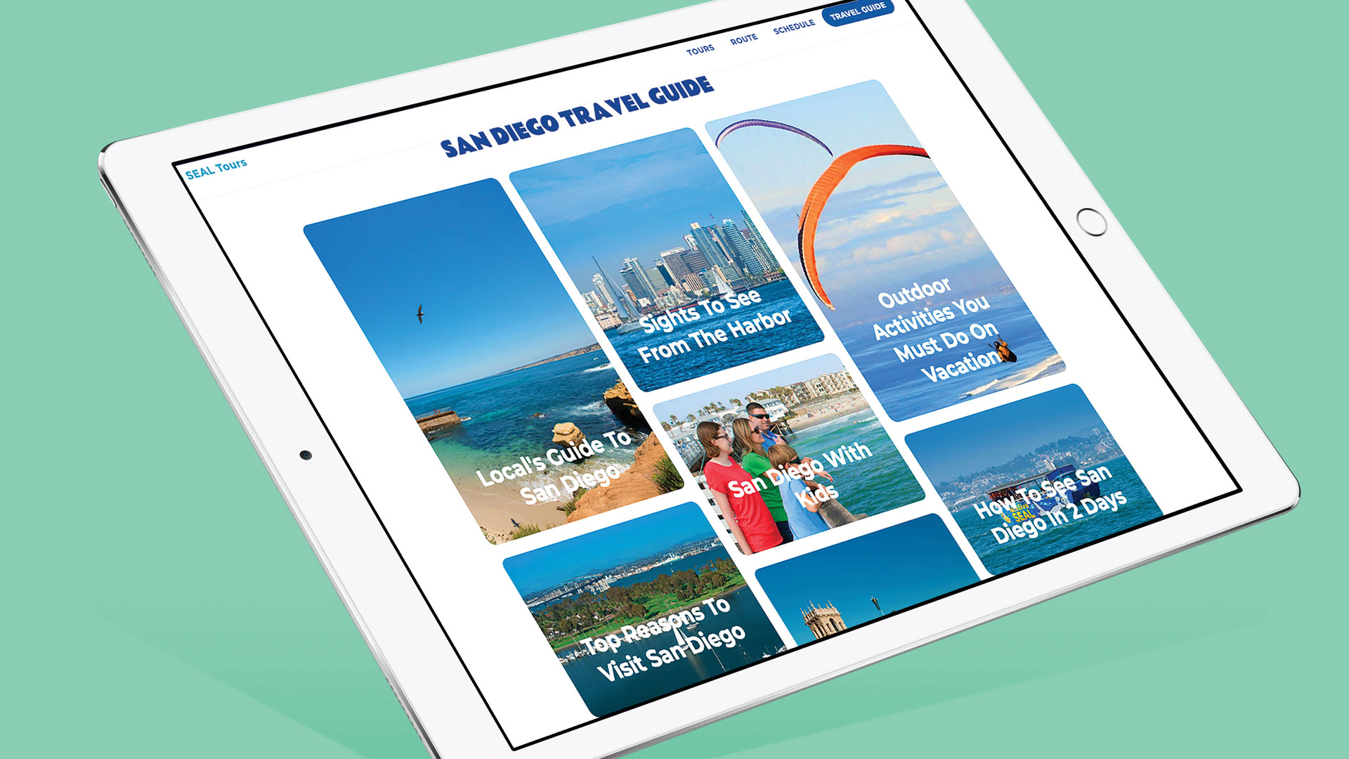 picture of tablet showing san diego website travel guide page