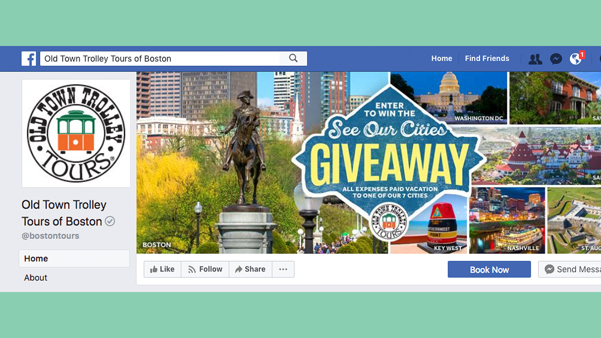 Picture of facebook cover showing pictures of seven us cities:Washington DC capitol, San Diego Hotel del Coronado, Nashville skyline at night, Savannah Mercer House, St. Augustine fort, Boston Washington statue and skyline, Key West southernmost point buoy