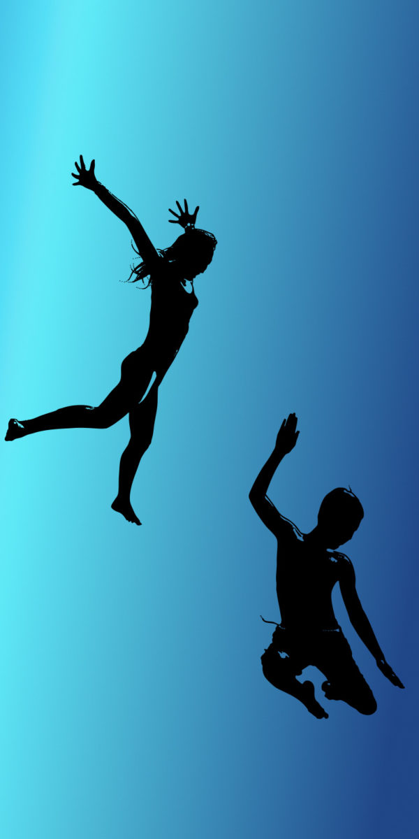 Silhouette of two kids jumping with gradient blue background