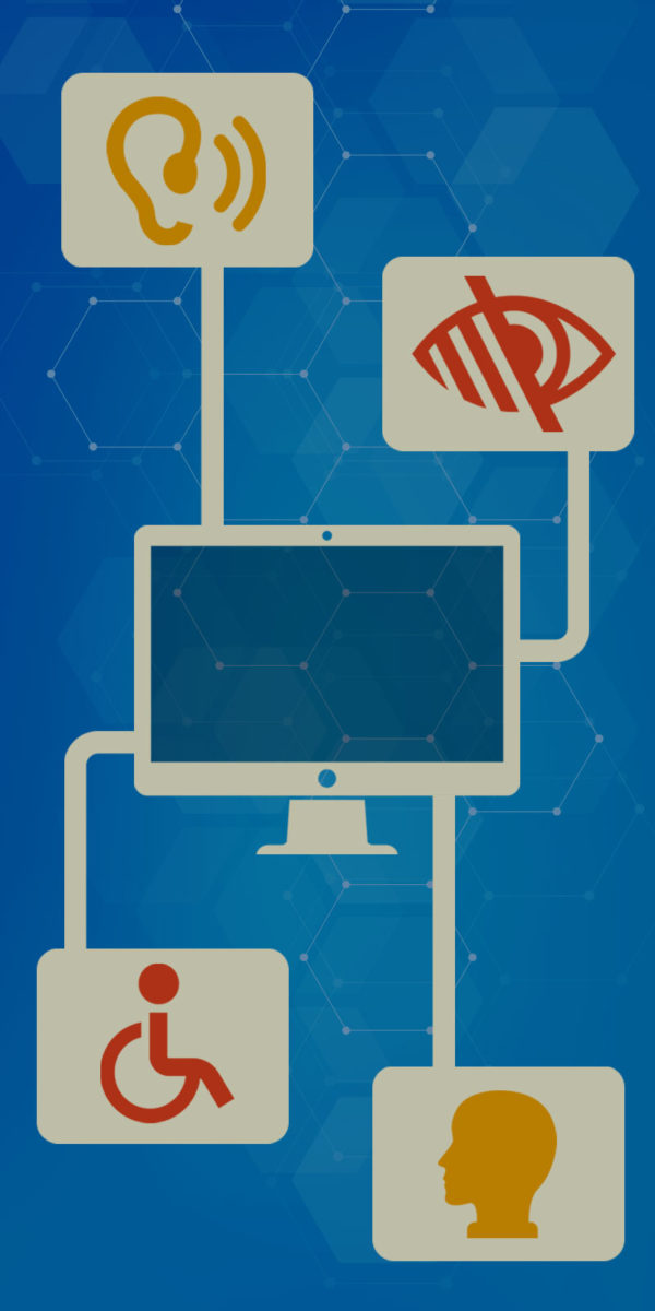 image showing desktop computer symbol with the following four symbols connected to it: Audio, visual, mobility and cognitive