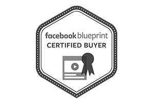 hexagon shape logo with the words 'facebook blueprint certified buyer' and a checkmark symbol with three lines