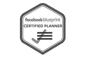 hexagon shape logo with the words 'facebook blueprint certified planner' and a checkmark symbol with three lines