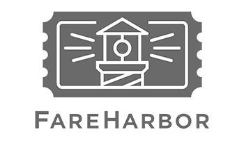 logo with a symbol of the top of a lighthouse and the words 'FAREHARBOR'